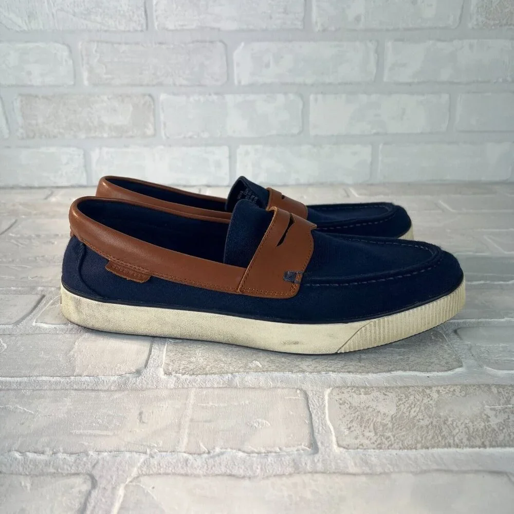 Cole Haan Mens 9.5 M‎ Nantucket 2.0 Navy Blue Brown Canvas Slip On Penny Loafer
